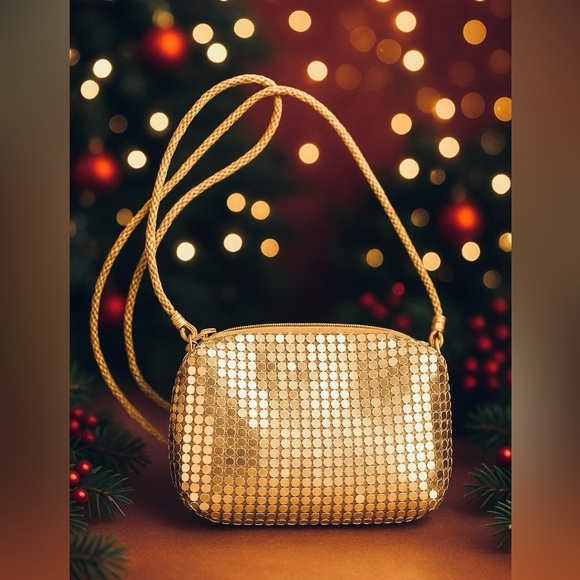 Gold Metallic Mesh Evening Crossbody Holiday Party Purse Festive Cocktail Bag - Picture 2 of 11